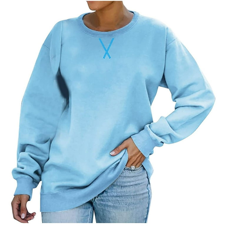 Amtdh Womens Shirts Long Sleeve Shirts for Women Casual Pullover Teen Girls  Crewneck Oversized Tops for Women Solid Sweatshirts for Women Fall Fashion  Blue S 