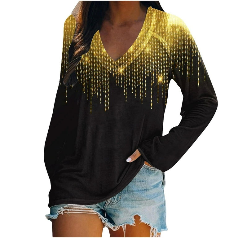 Amtdh Womens Shirts Long Sleeve Shirts for Women Fall Fashion Teen Girls  Pullover V Neck Oversized Tops for Women Shiny Sequin  Sweatshirts for  Women Gold L 