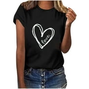 Amtdh Womens Shirts Plus Size Tops for Women Hearts Graphic Shirts for Women Y2K Clothing Crewneck Valentine's Day Gifts for Women Tee Shirts for Women Short Sleeve Womens Tops Black XL
