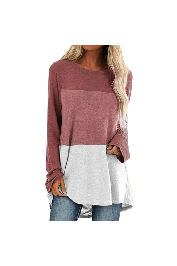 Womens Shirts,Tunic Tops for Women Loose Fit Plus Size Long Sleeve Casual Pullover Crewneck Color Block Blouse Fall Fashion T Shirts Red M