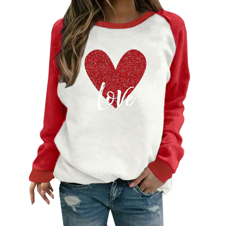 Amtdh Womens Shirts Valentine's Day Crewneck Long Sleeve Shirts for Women  Oversized Tops for Girls Y2K Clothes Casual Sweatshirts Hearts Graphic  Pullover Raglan Fashion Tee Shirts Red XXL 