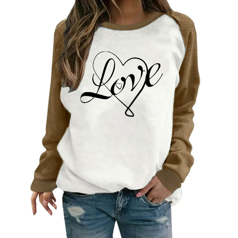 Amtdh Womens Shirts Valentine's Day Hearts Graphic Pullover Raglan Crewneck  Long Sleeve Shirts for Women Oversized Tops for Girls Y2K Clothes Fashion  Tee Shirts Casual Sweatshirts Brown XXL 