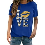 Amtdh Womens Shirts Y2K Clothing Plus Size Tops for Women Hearts Graphic Shirts for Women Valentine's Day Gifts for Women Crewneck Tee Shirts for Women Short Sleeve Womens Tops Blue XXXL