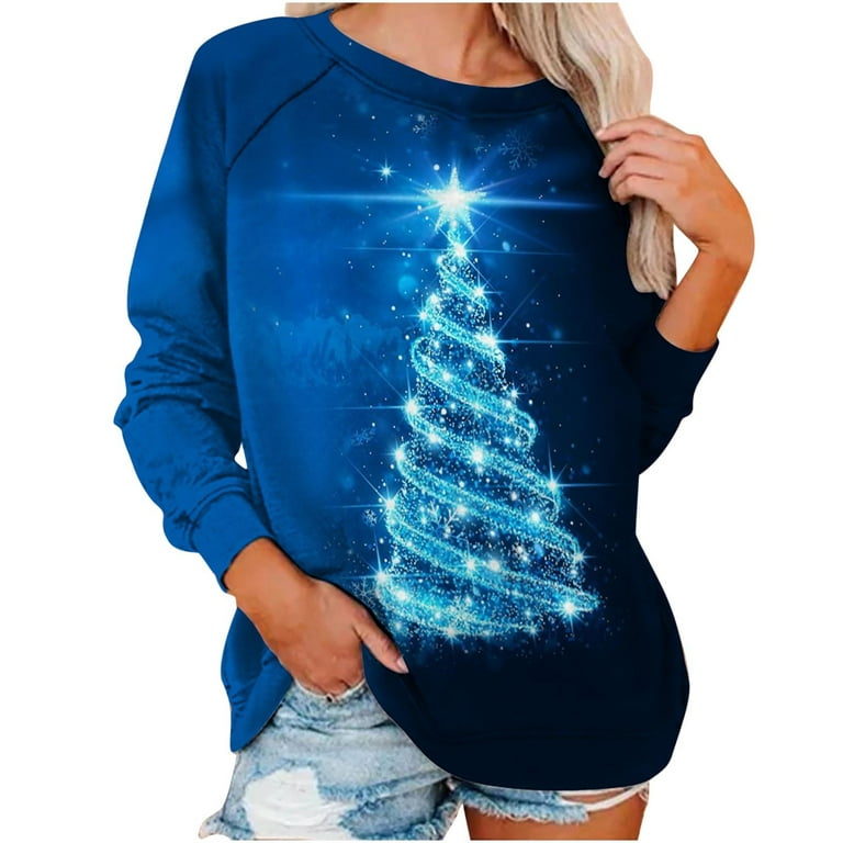 Amtdh Womens Sweatshirts Long Sleeve Shirts for Women Christmas Tree  Graphic Sweatshirts for Women Pullover Teen Girls Crewneck Oversized Tops  for Women Fall Fashion Blue XL 