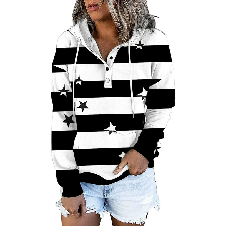 Amtdh Womens Sweatshirts Long Sleeve Shirts for Women Fall Fashion Teen  Girls Button V Neck Hooded Oversized Tops for Women Striped Colorblock  Sweatshirts for Women Pullover Black S 