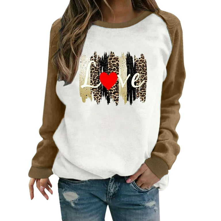 Amtdh Womens Tops Crewneck Long Sleeve Shirts for Women Y2K Clothes Fashion  Tee Shirts Valentine's Day Oversized Tops for Girls Casual Sweatshirts  Hearts Graphic Pullover Raglan Brown M 
