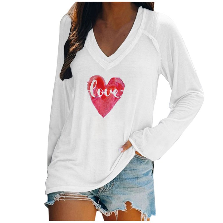 Amtdh Womens Tops Gifts for Girlfriends Y2K Clothes Lightweight Casual  Sweatshirts Valentine's Day Print Tee Shirts V Neck Long Sleeve Shirts for  Women Oversized Tops for Girls White L 