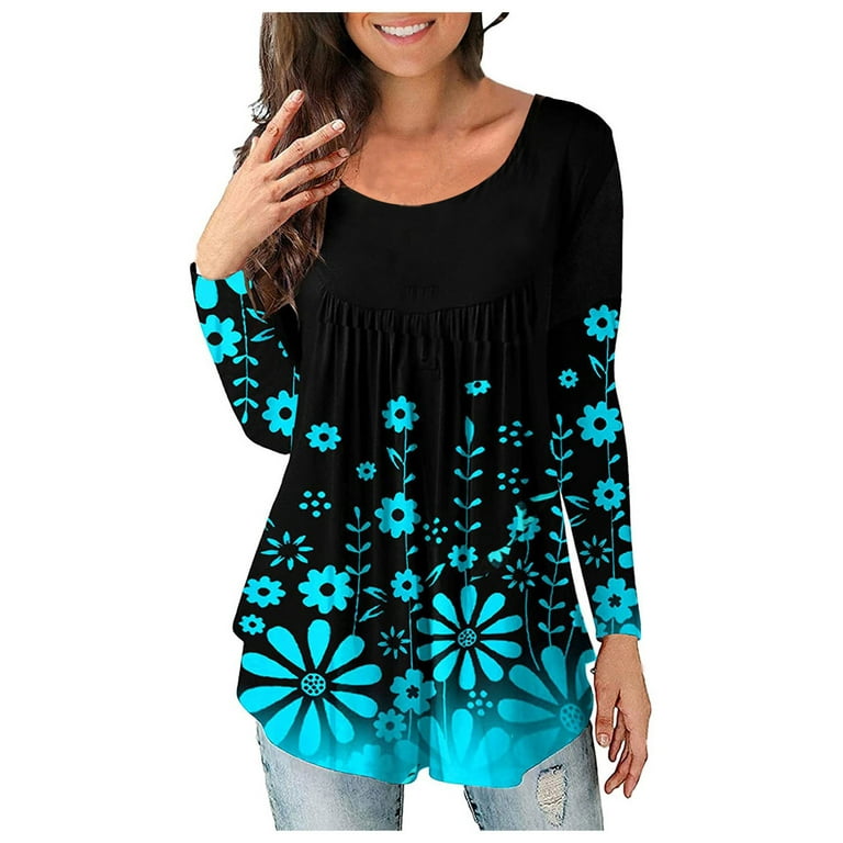 Amtdh Womens Tops Long Sleeve Shirts for Women Button V Neck Tunic Tops for  Women Teen Girls Pleated Dressy Pullover for Leggings Floral Graphic  Sweatshirts Fall Fashion Blue L 