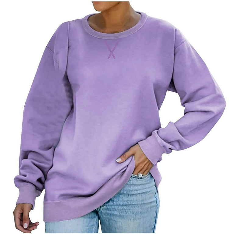 Amtdh Womens Tops Long Sleeve Shirts for Women Casual Pullover Teen Girls  Crewneck Oversized Tops for Women Solid Sweatshirts for Women Fall Fashion  Purple L 