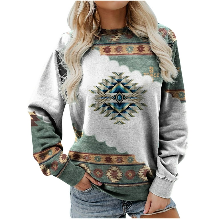 Amtdh Womens Tops Long Sleeve Shirts for Women Ethnic Vintage Sweatshirts  for Women Crewneck Oversized Tops for Women Fall Fashion Teen Girls  Pullover Green S 