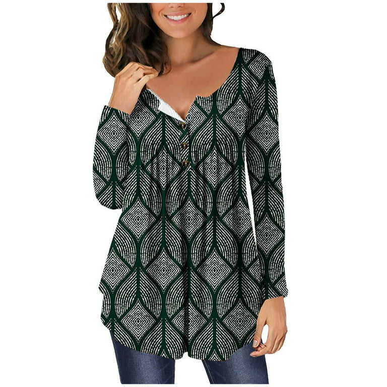 Amtdh Womens Tops, Long Sleeve Shirts for Women Teen Girls Vintage  Geometric Graphic Button up V Neck Pullover Fall Fashion Pleated Blouses  for Legging Dressy Tunic Tops for Women Y2K Clothes Green