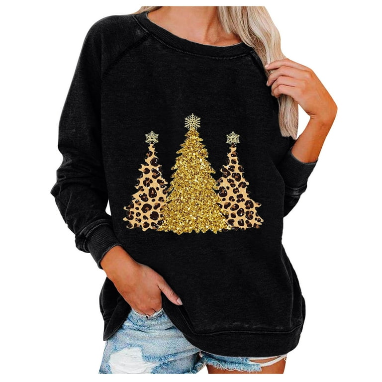 Amtdh Womens Tops Pullover Long Sleeve Shirts for Women Crewneck Oversized  Tops for Women Fall Fashion Teen Girls Christmas Tree Graphic Sweatshirts  for Women Black L 