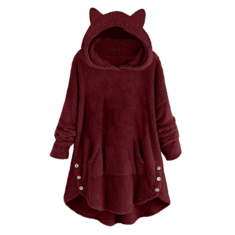 Amtdh Womens Tops Warm Winter Fleece Coats for Women Casual Fleece Hooded  Coats for Women Sweatshirt Cat Ear Pocket Oversized Outwear Pullover Tops  Red L 