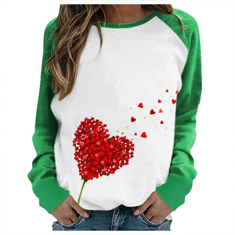Amtdh Womens Tops Y2K Clothes Fashion Tee Shirts Casual Sweatshirts  Oversized Tops for Girls Valentine's Day Hearts Graphic Pullover Raglan  Crewneck Long Sleeve Shirts for Women Green S 