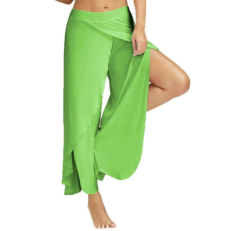 Oalka Women's Yoga Capris Running Pants Workout Leggings Green L