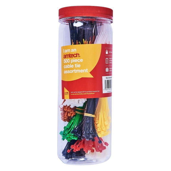 Amtech 500 pc Assorted Cable Ties, Self-Locking Nylon in Multiple Colours, 100 mm 150 mm 200 mm, Supplied in Storage Tube