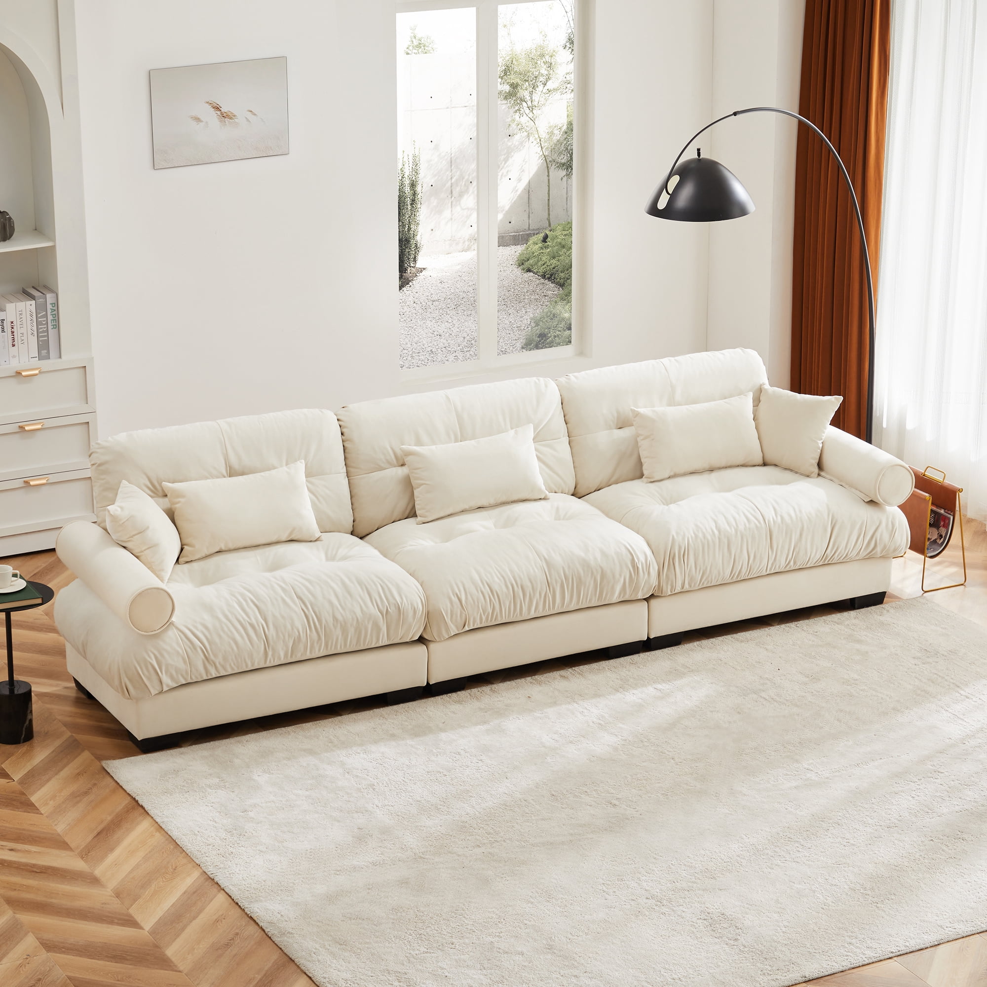 Amuille 130" Modular Sectional Sofa Velvet Cloud Couch, 3-Seat Deep Seat Couch for Living Room, With Waist Pillows and Throw Pillows, Cream
