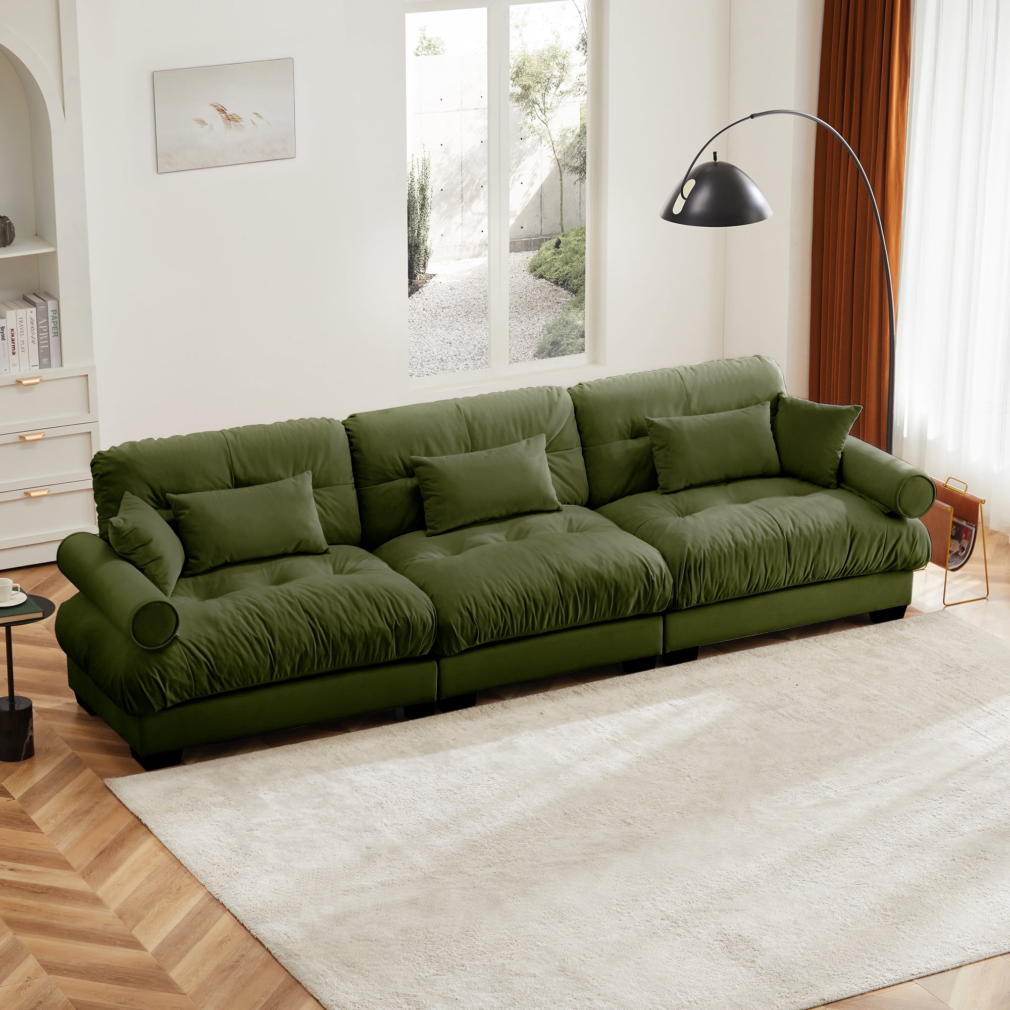 Amuille 130" Modular Sectional Sofa Velvet Cloud Couch, 3-Seat Deep Seat Couch for Living Room, With Waist Pillows and Throw Pillows, Olive Green
