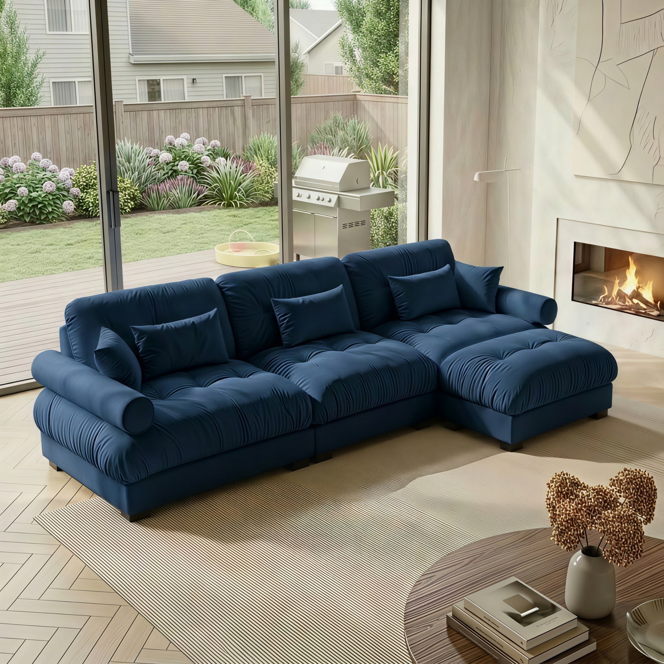 Amuille 130" Modular Sectional Sofa Velvet L Shaped Cloud Couch with Movable Ottomans, Deep Seat Couch for Living Room, with Pillows, Blue