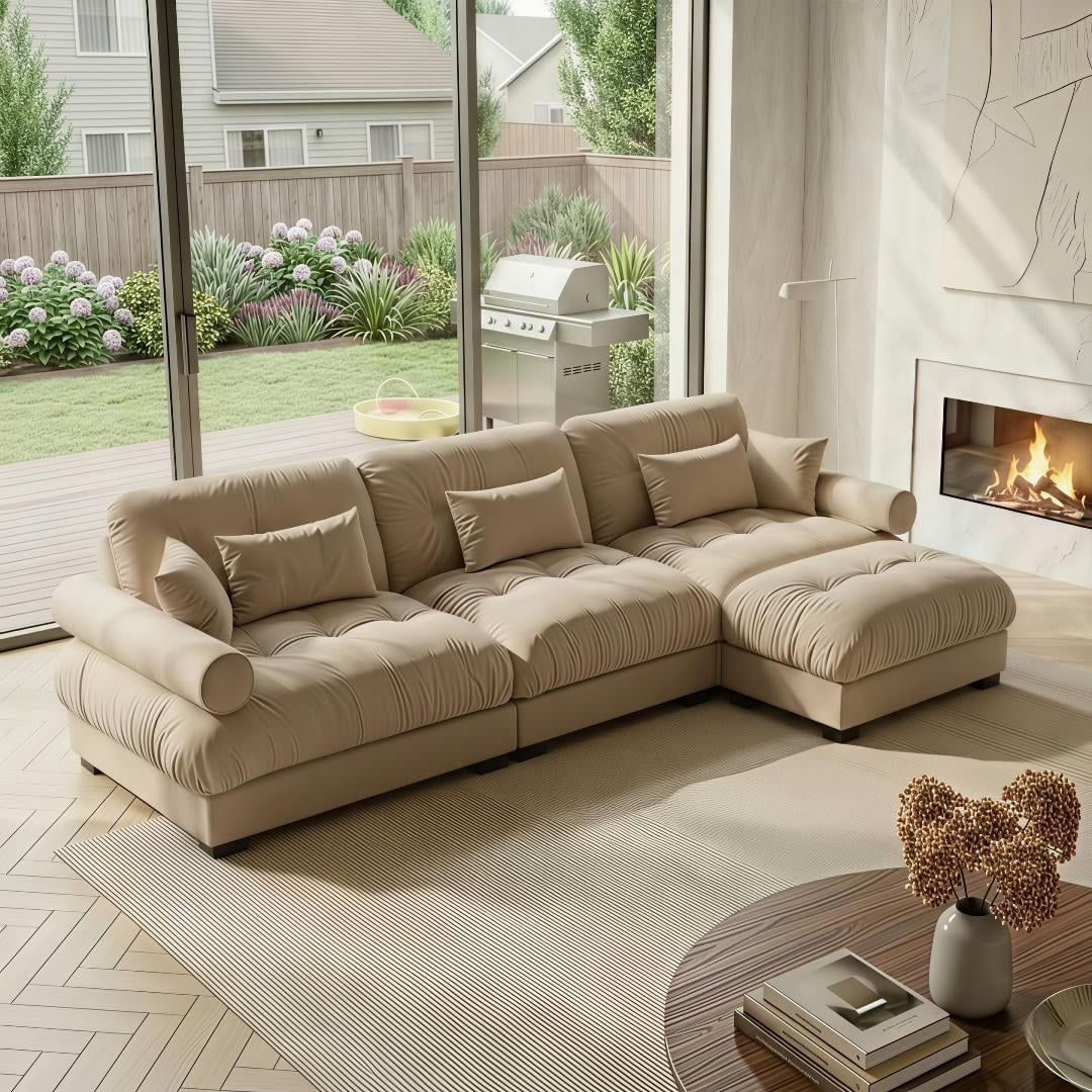 Amuille 130" Modular Sectional Sofa Velvet L Shaped Cloud Couch with Movable Ottomans, Deep Seat Couch for Living Room, with Pillows, Camel