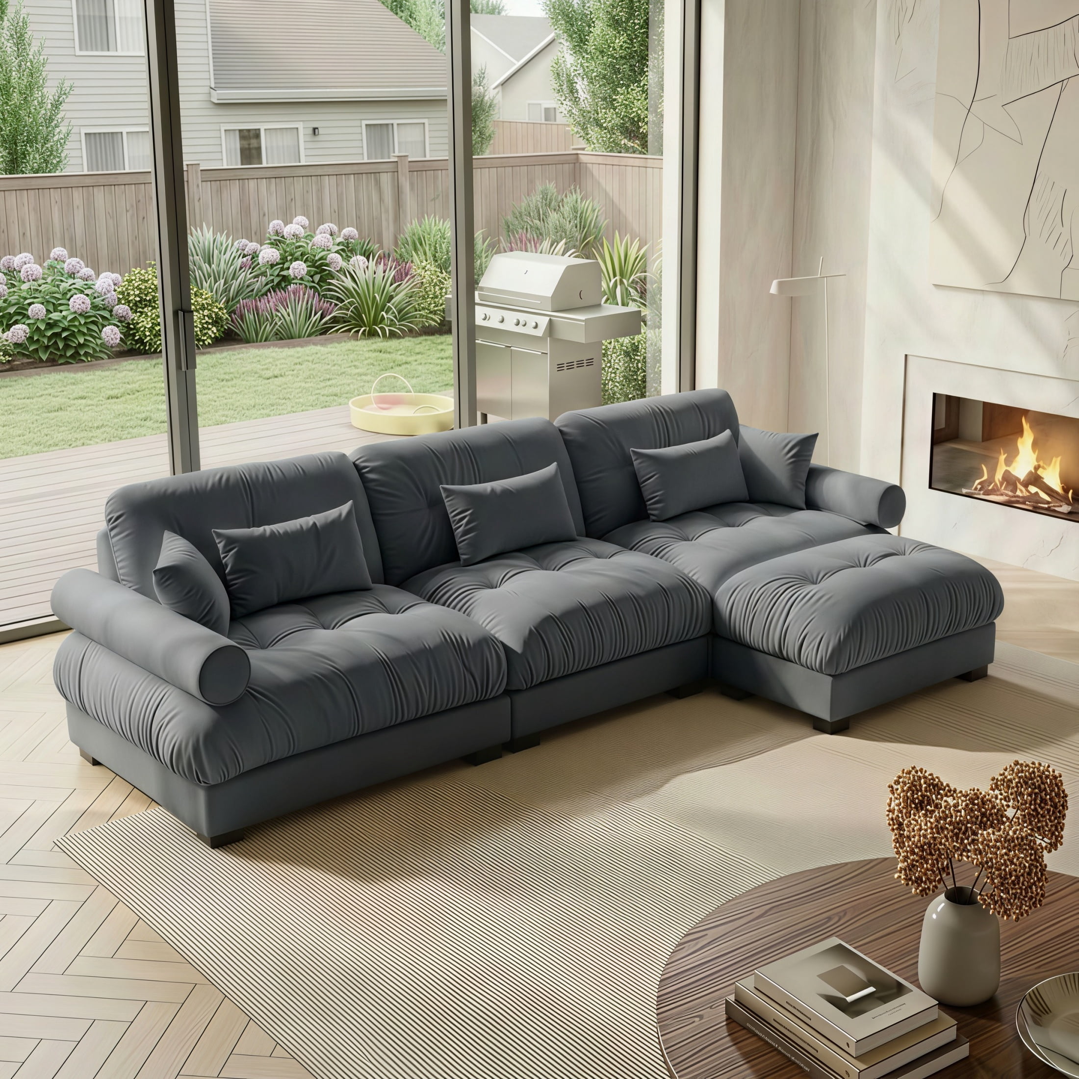 Amuille 130" Modular Sectional Sofa Velvet L Shaped Cloud Couch with Movable Ottomans, Deep Seat Couch for Living Room, with Pillows, Gray