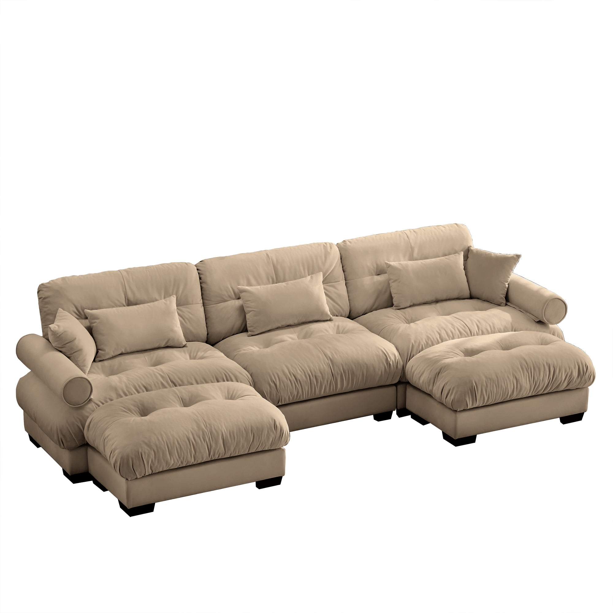 Amuille 130" Modular Sectional Sofa Velvet U Shaped Cloud Couch with 2 Movable Ottomans, Deep Seat Couch for Living Room, with Pillows, Camel