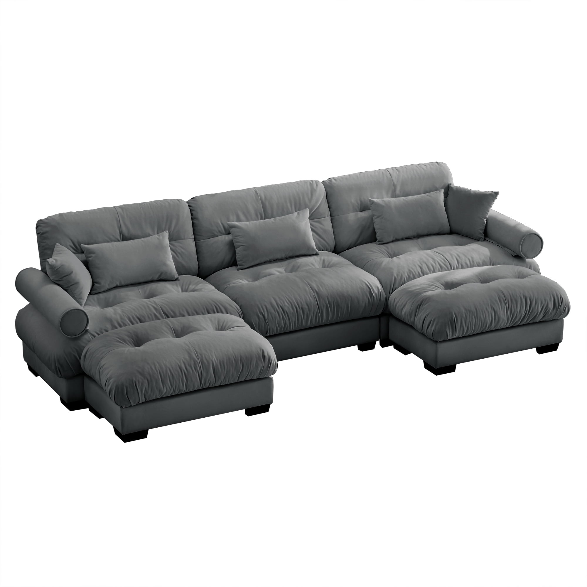 Amuille 130" Modular Sectional Sofa Velvet U Shaped Cloud Couch with 2 Movable Ottomans, Deep Seat Couch for Living Room, with Pillows, Gray