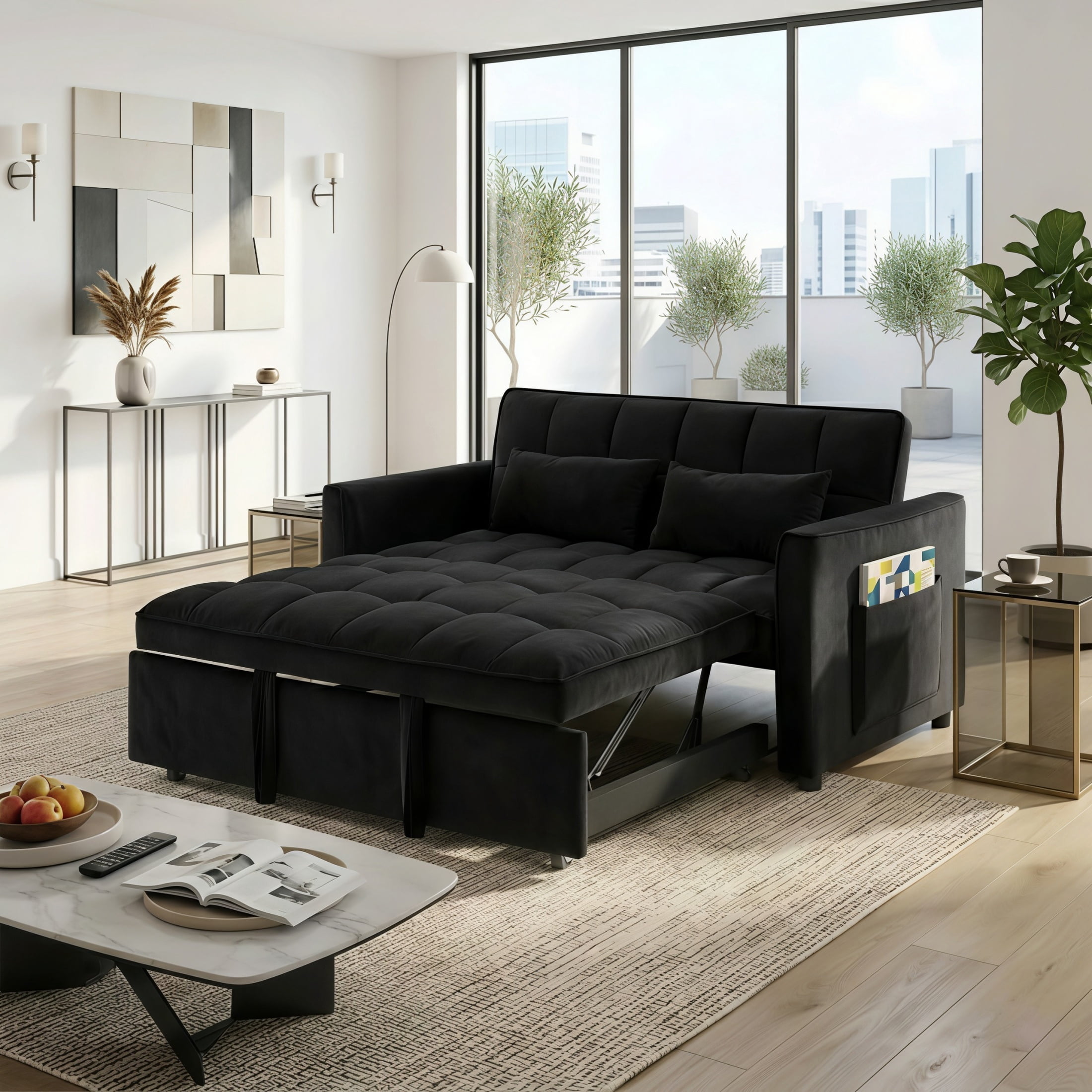 Amuille 3 in 1 Convertible Sleeper Sofa Bed, 54" Velvet Fabric Loveseat, Pull Out Couch for Living Room and Apartment, Black