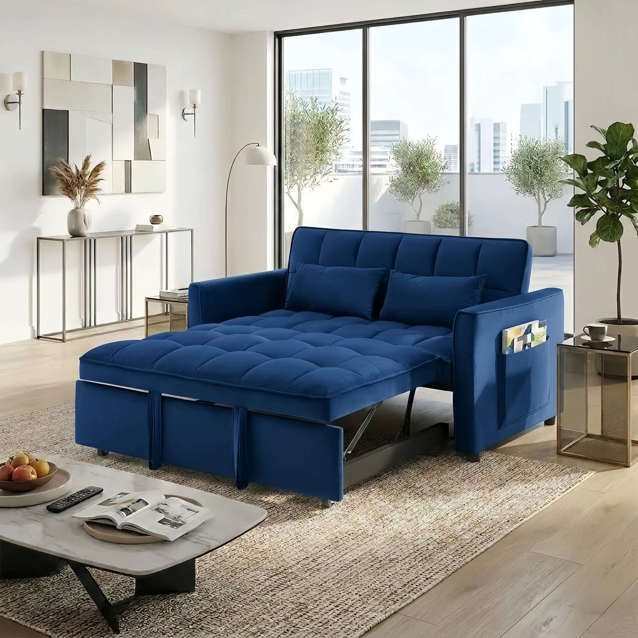 Amuille 3 in 1 Convertible Sleeper Sofa Bed, 54" Velvet Fabric Loveseat, Pull Out Couch for Living Room and Apartment, Blue