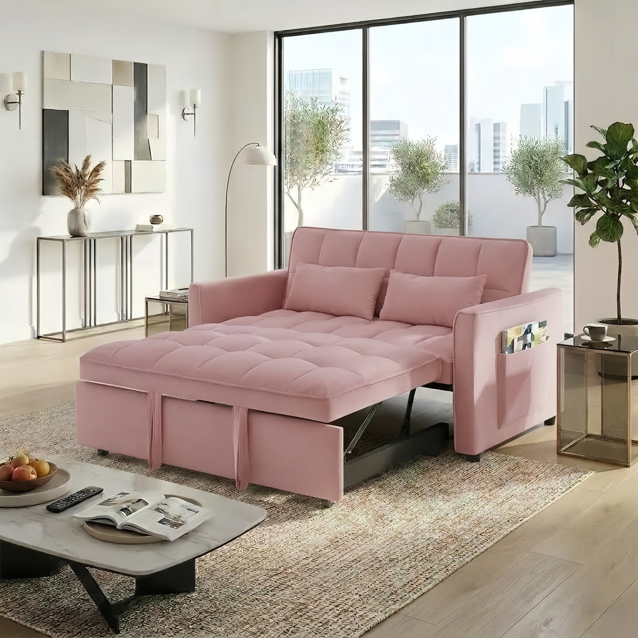 Amuille 3 in 1 Convertible Sleeper Sofa Bed, 54" Velvet Fabric Loveseat, Pull Out Couch for Living Room and Apartment, Pink