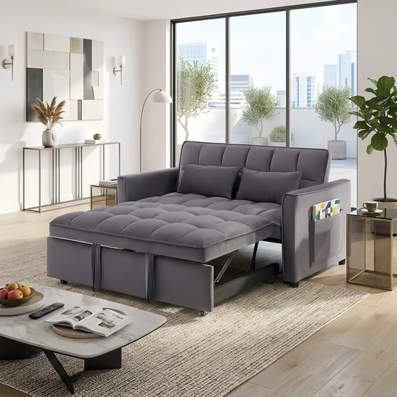 Amuille 55" Pull Out Couch, 3 in 1 Convertible Sleeper Sofa Bed, Velvet Fabric Double Loveset with Pull Out Bed for Living Room and Apartment, Dark Gray