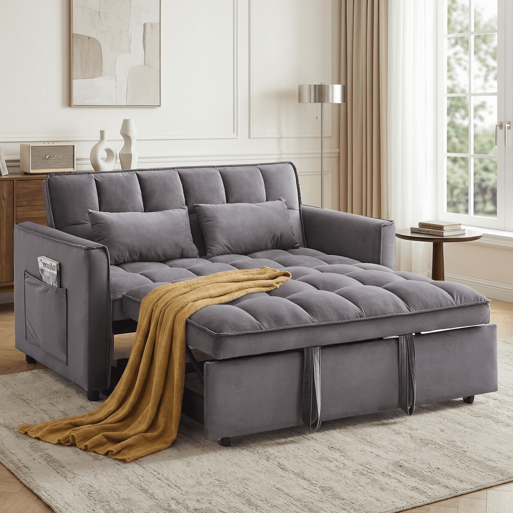 Amuille 3 in 1 Convertible Sleeper Sofa Bed, 54" Velvet Fabric Loveseat, Pull Out Couch for Living Room and Apartment (Dark Gray)
