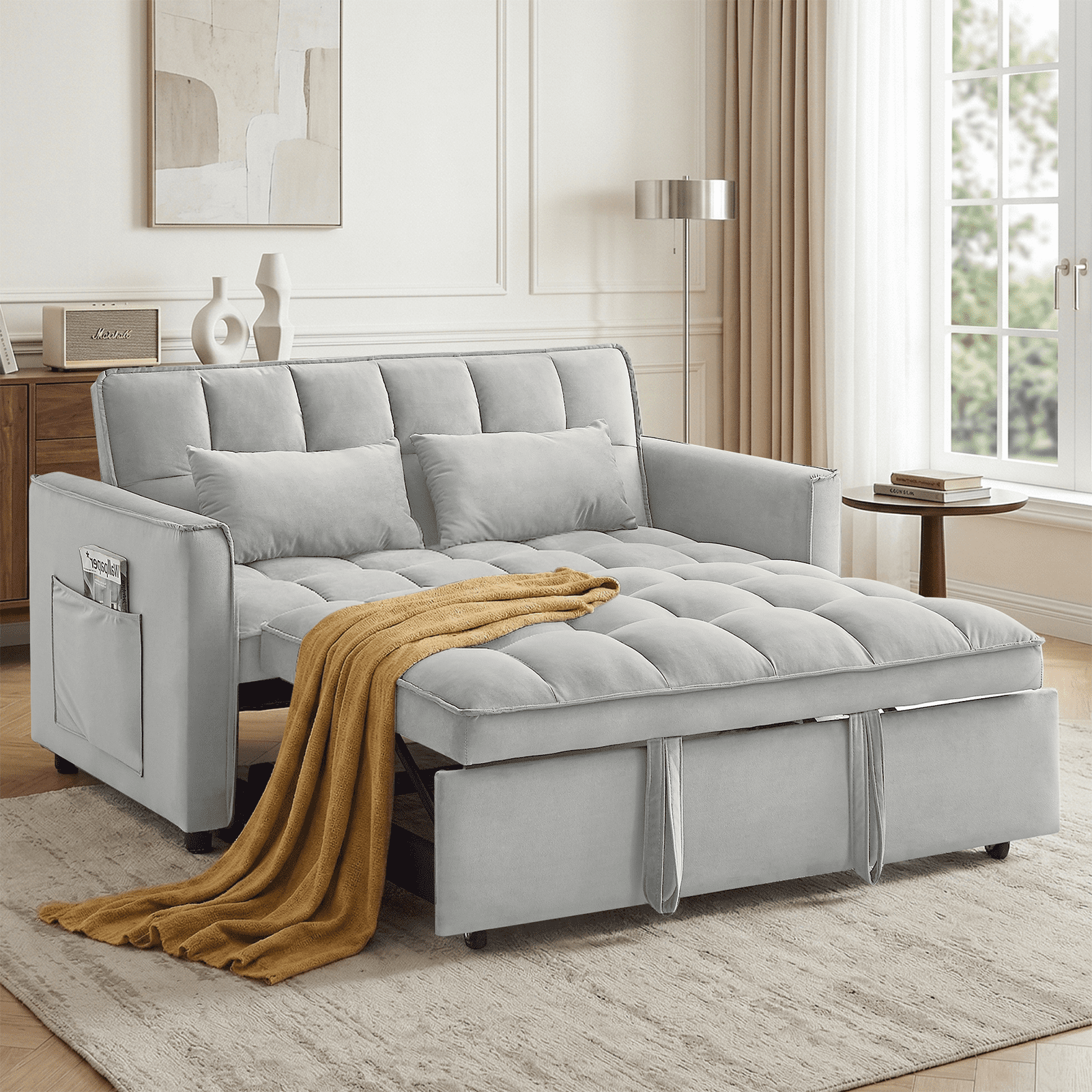 Amuille 3 in 1 Convertible Sleeper Sofa Bed, 54" Velvet Fabric Loveseat, Pull Out Couch for Living Room and Apartment (Light Gray)