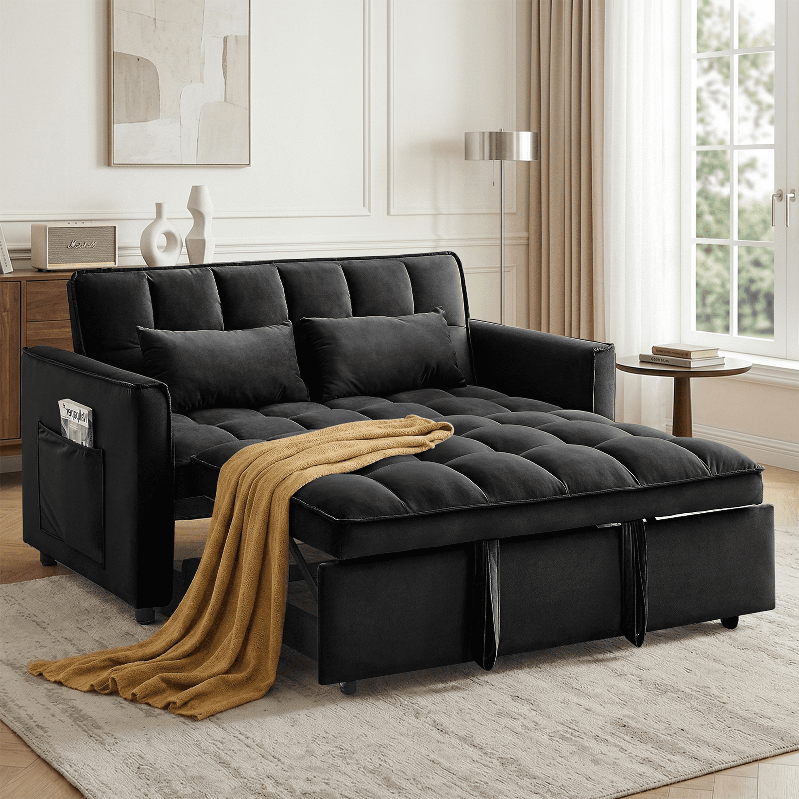 Amuille 3 in 1 Convertible Sleeper Sofa Bed, 54" Velvet Fabric Loveseat, Pull Out Couch for Living Room and Apartment (Black)