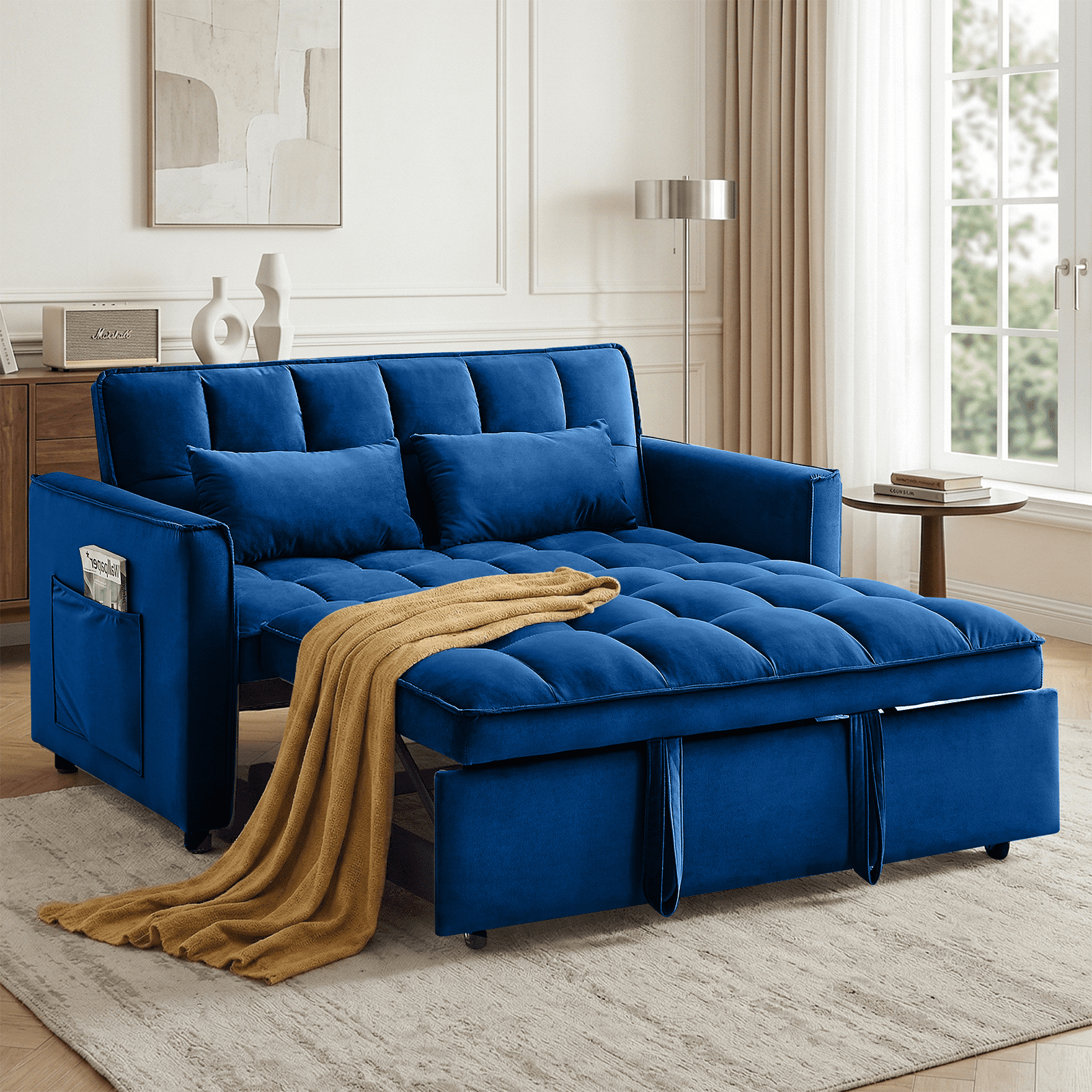 Amuille 3 in 1 Convertible Sleeper Sofa Bed, 54" Velvet Fabric Loveseat, Pull Out Couch for Living Room and Apartment (Blue)