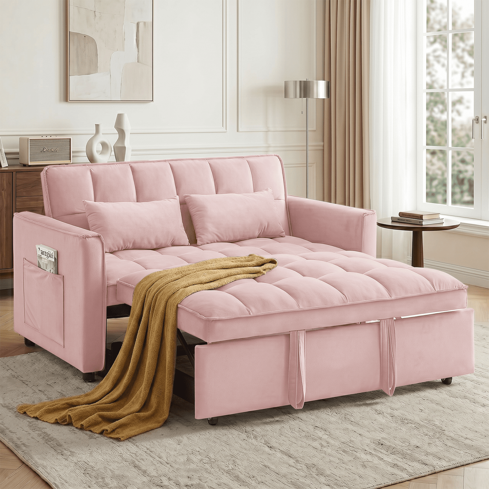 Amuille 3 in 1 Convertible Sleeper Sofa Bed, 54" Velvet Fabric Loveseat, Pull Out Couch for Living Room and Apartment (Pink)