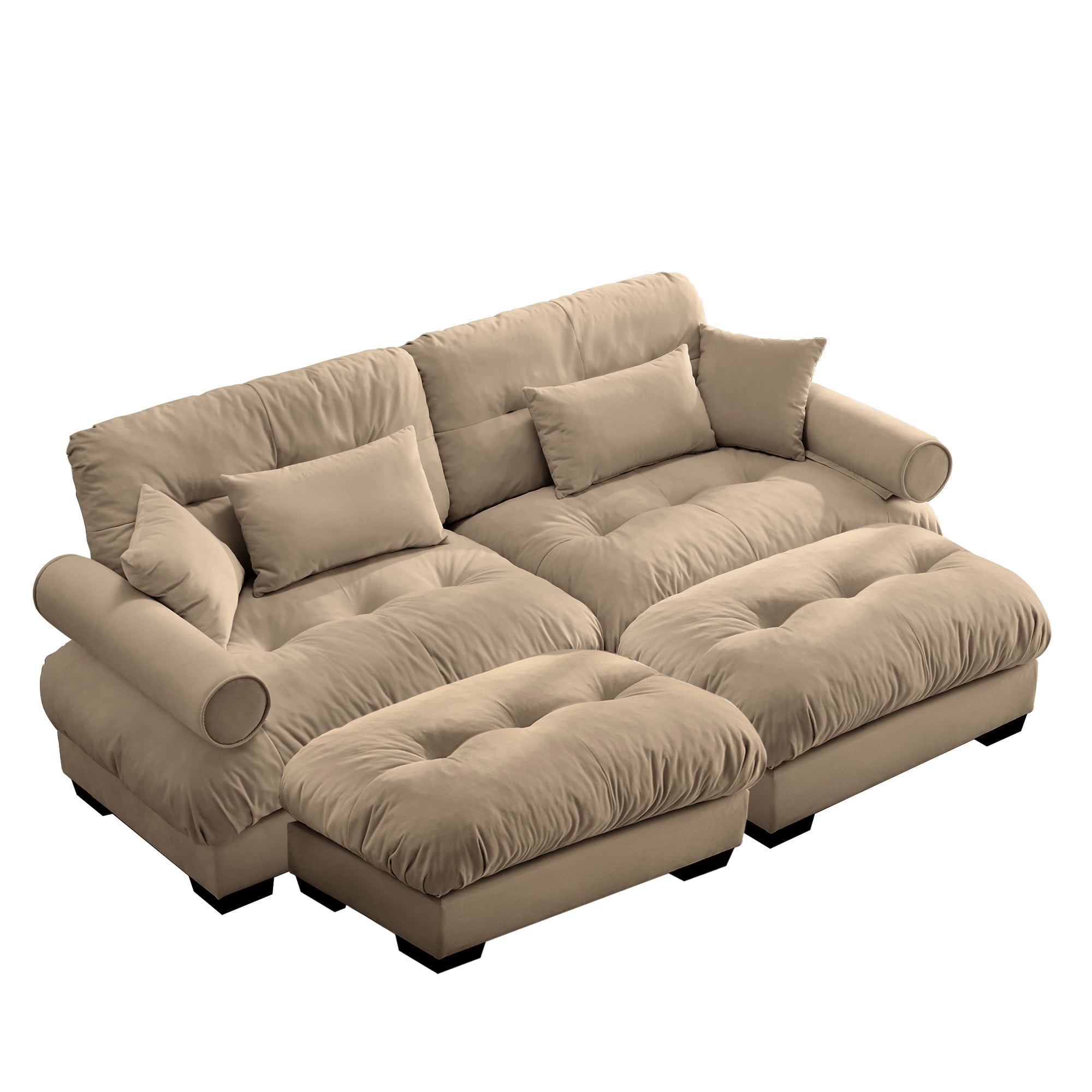 Amuille 93.7" Modular Sectional Sofa Velvet U Shaped Cloud Couch with 2 Movable Ottomans, Deep Seat Couch for Living Room, with Pillows, Camel