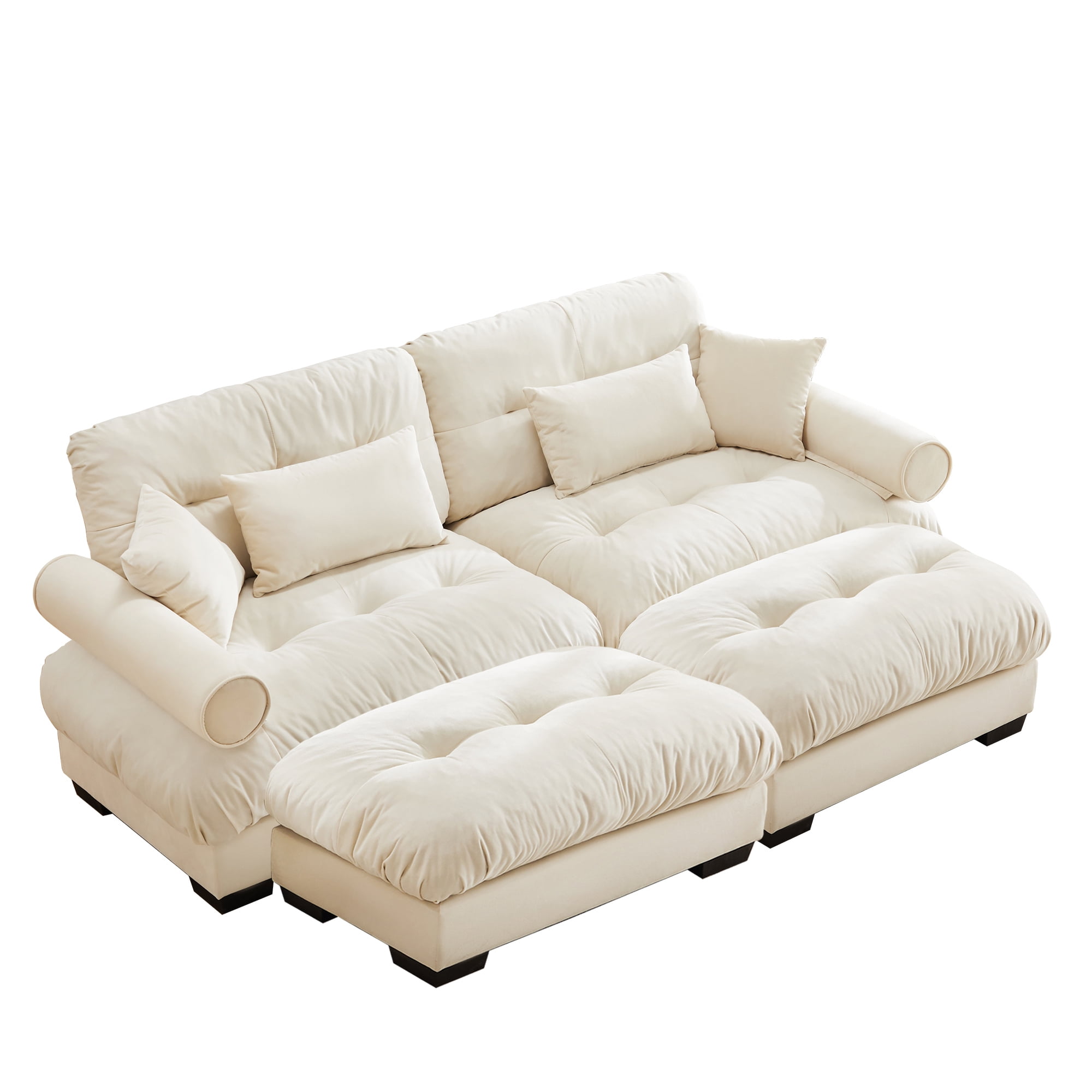 Amuille 93.7" Modular Sectional Sofa Velvet U Shaped Cloud Couch with 2 Movable Ottomans, Deep Seat Couch for Living Room, with Pillows, Cream