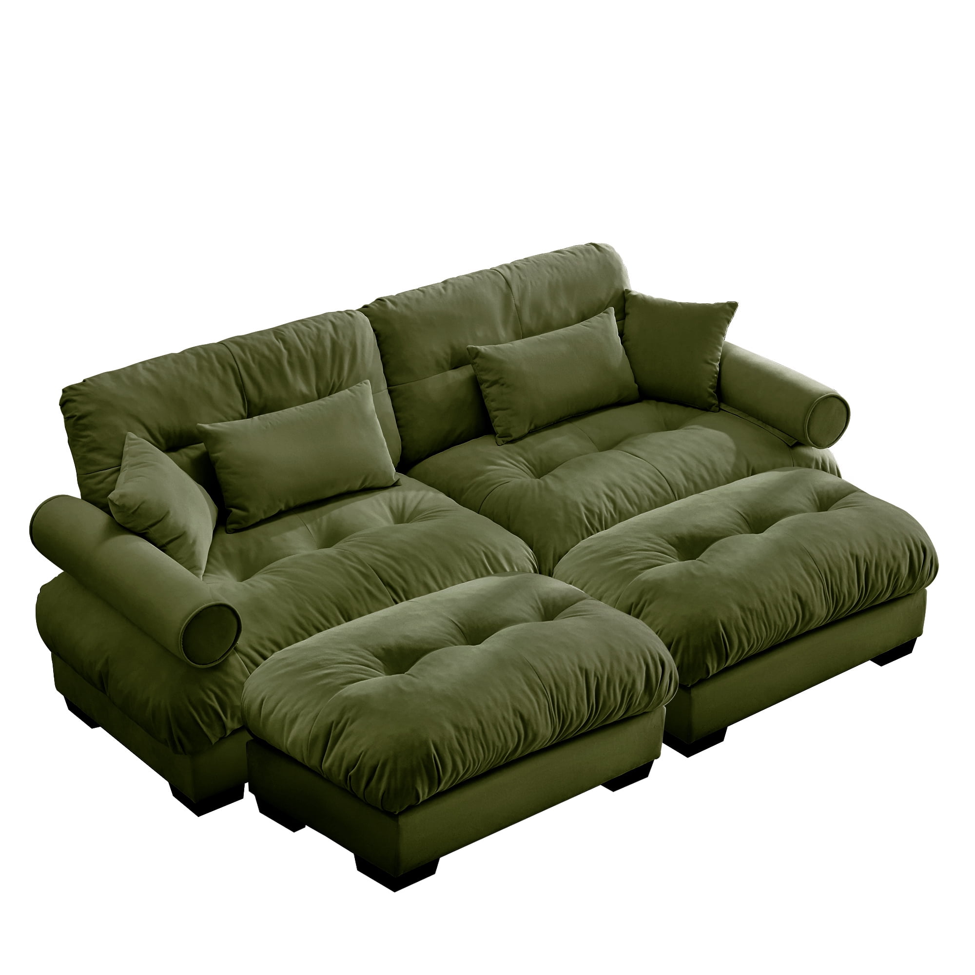 Amuille 93.7" Modular Sectional Sofa Velvet U Shaped Cloud Couch with 2 Movable Ottomans, Deep Seat Couch for Living Room, with Pillows, Olive Green