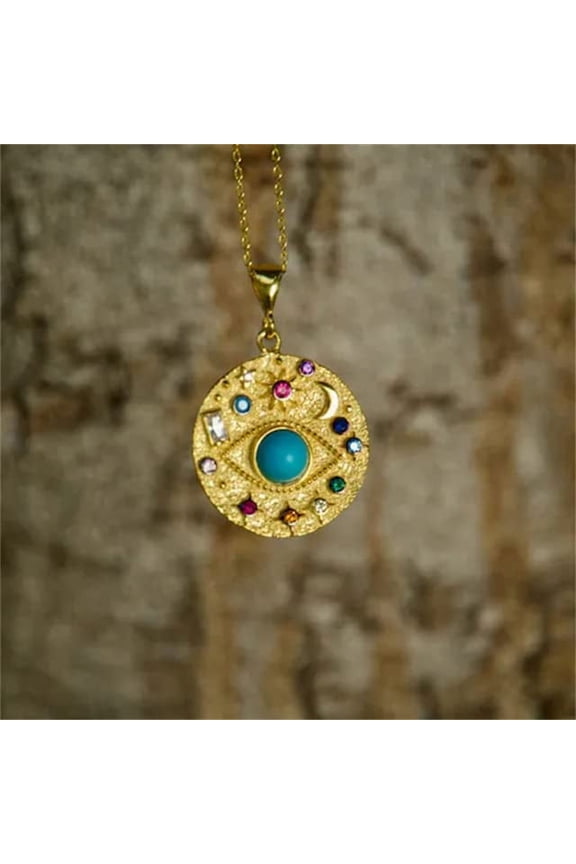 Amulet Magical Lucky Symbols Horus Eye,Blue Stone Eyes Colorful Crystal Sun Star Moon Pendant Necklace(Blue Eye)