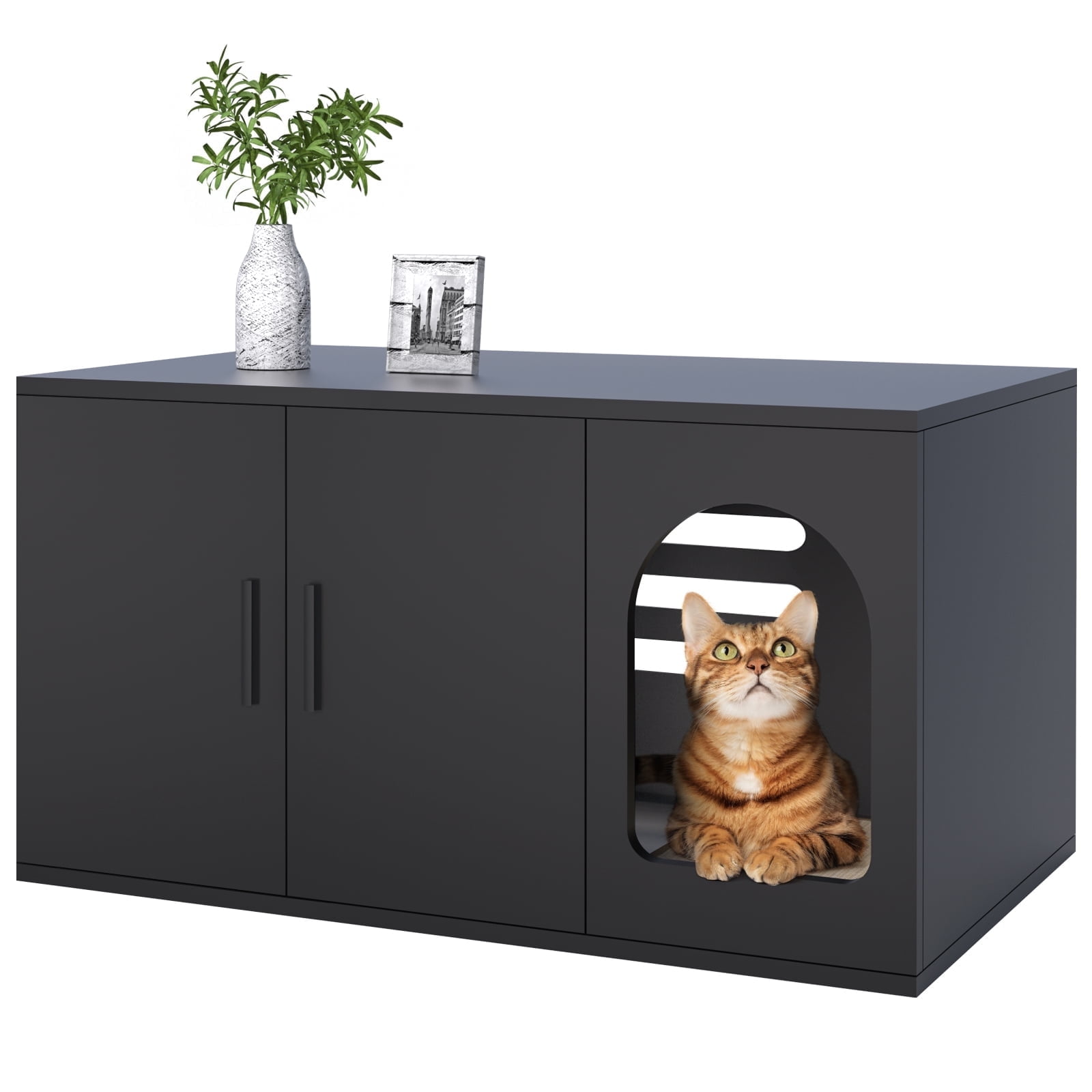 Black Modern Stackable Wooden Cat Litter Box Enclosure Table