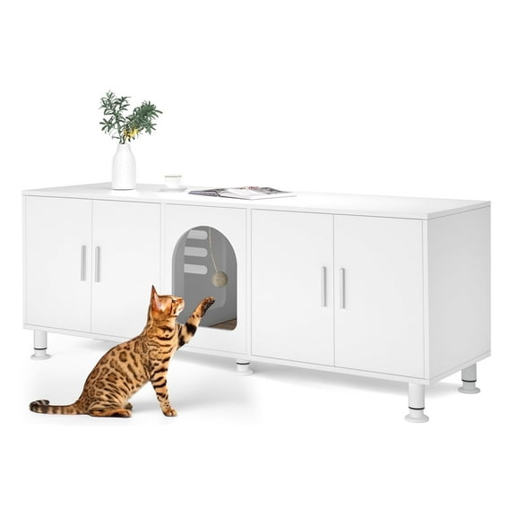 Amunrbrek Double Litter Box Enclosure for 2 Cats with Scratcher Mat & Motion-Activated Light, White