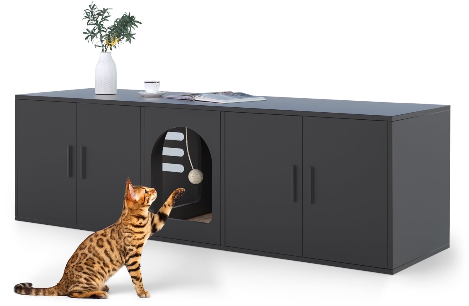 Black Wooden Double Room Cat Litter Box Enclosure