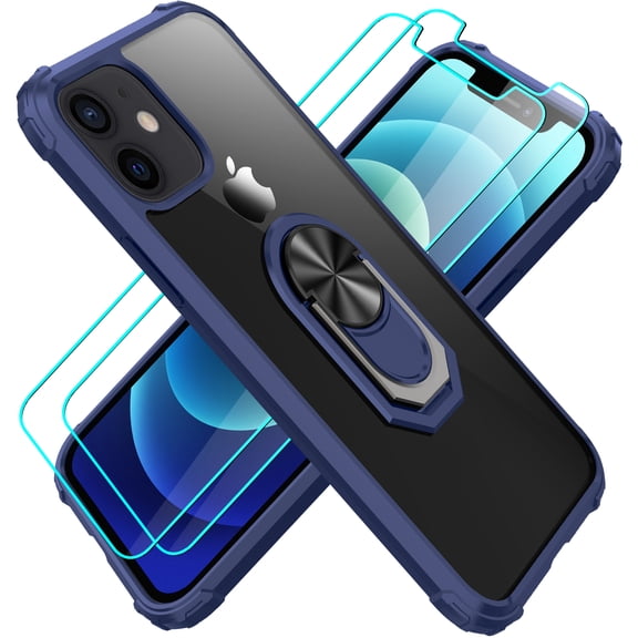 Amuoc Compatible with iPhone 12 Mini case [ Military Grade ] with [ Glass Screen Protector] 15ft. Drop Tested Protective Case | Kickstand | 5.4 Inch -Royal Blue