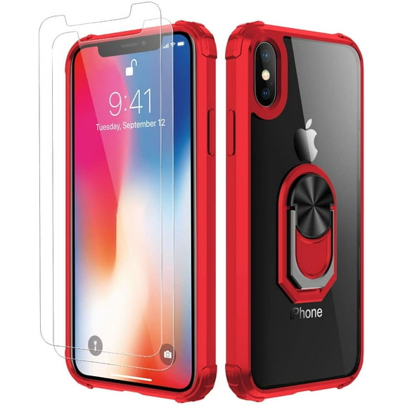 Amuoc iPhone X Case | iPhone Xs Case[ Military Grade ] with [ Glass Screen Protector] 15ft. Drop Tested Protective Case | Kickstand | Compatible with Apple iPhone X Xs -Red