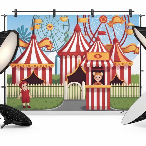 Amusement Park Backdrop for Photography, Fabric Photo Background Backdrop, Cute Cartoon Wheelwheels Circus Photo Booth Background for Portrait Photoshoot Video Wedding Studio Decoration Banner 7x5ft