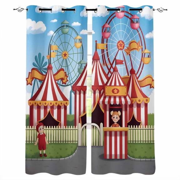Amusement Park Blackout Curtains for Bedroom Living Room Darkening Curtains 63 Inches Long Cute Cartoon Wheelwheels Circus Window Curtain 2 Panels Set Window Treatment Grommet Drapes 42"x63"