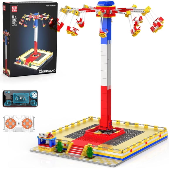 Amusement Park Building Sets, 1581+ Pieces Motorized Rotating Swing Ride with Remote & APP Control, Realistic Theme Park Model with Lift, Spin & Swing, STEM Toy Gift forAdults
