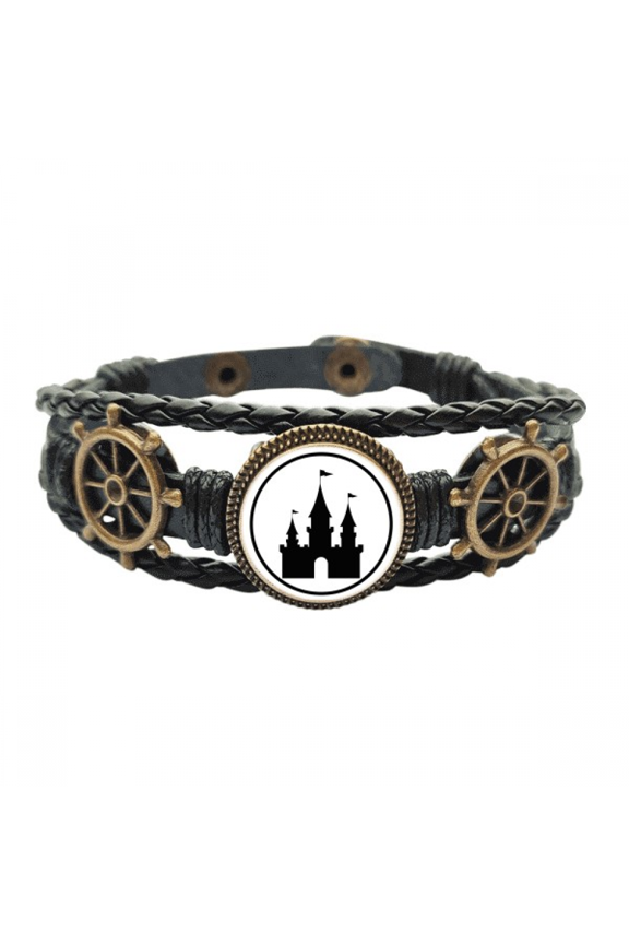 Amusement Park Castle Black Outline Leather Braided Ocean Bracelet Wristband