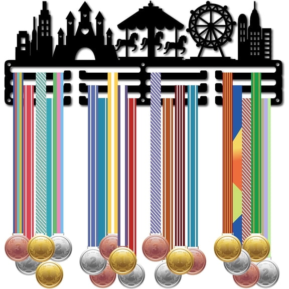Amusement Park City Medal Holder Hanger Display Medal Holder Sport Medal Hook Wall Mount Frame Decor Black Metal Medal Rack 12 Hooks 3-Line